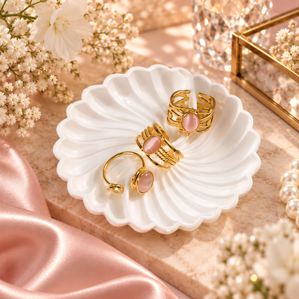 The Rosé Cat-Eye Ring Trio — close-up detail